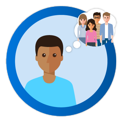 man with thought bubble containing colleagues